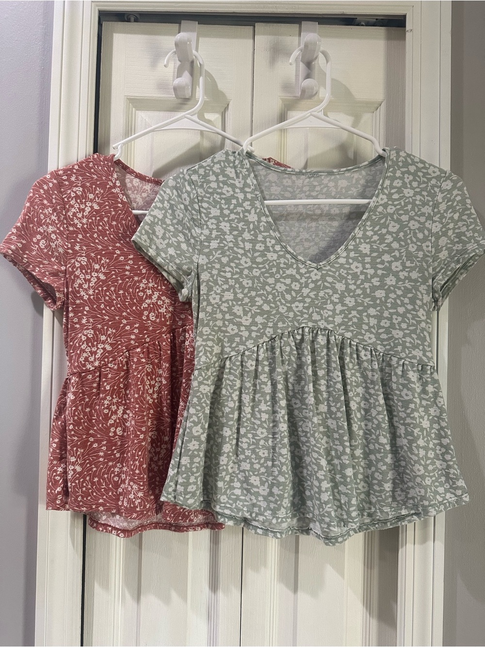 2 Tops, Women’s V-Neck Peplum Floral Top - Sage Green & Red XS